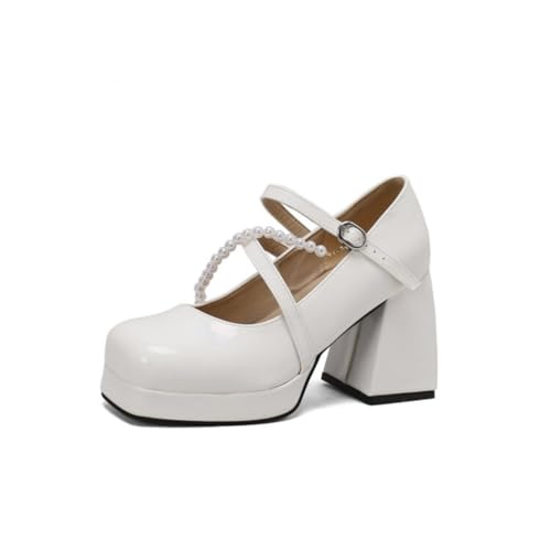 GYYZAYH Damen Lackleder Quadratische Zehe Mary Janes Chunky Heel Knöchelriemen Hofschuhe Lolita Kleid Schuhe Plateau Pumps,Weiß,38 EU von GYYZAYH