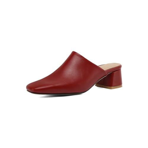 GYYZAYH Damen Quadratische Zehe Chunky Heel Pantoletten Pumps Slip On Low Block Heel Party Kleid Schuhe Ideal für Alltags,Rot,40 EU von GYYZAYH