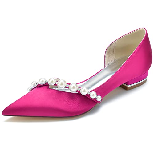 GYYZAYH Damen Satin Brautkleid Flache Schuhe Slip-On Ballerinas Abend Party Kleid Pumps,Fuchsia,36 EU von GYYZAYH