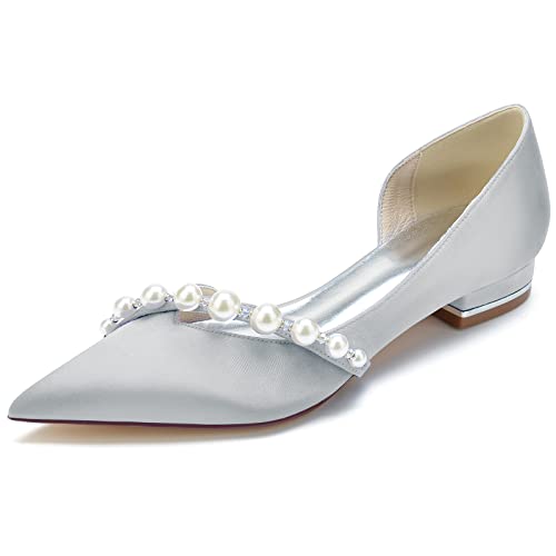 GYYZAYH Damen Satin Brautkleid Flache Schuhe Slip-On Ballerinas Abend Party Kleid Pumps,Silber,37 EU von GYYZAYH