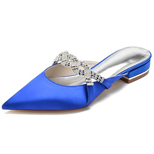 GYYZAYH Damen Satin Hochzeit Ballerinas für Braut Geschlossene Zehen Ballerinas Schuhe Abendkleid Pantoletten Schuhe mit Strass,Blau,36 EU von GYYZAYH