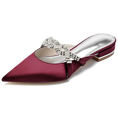 GYYZAYH Damen Satin Hochzeit Ballerinas für Braut Geschlossene Zehen Ballerinas Schuhe Abendkleid Pantoletten Schuhe mit Strass,Burgundy,42 EU von GYYZAYH