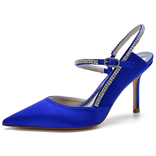 GYYZAYH Damen Satin Knöchelriemen Hofschuhe Geschlossene Spitze Brautschuhe Sexy Stiletto Pumps,Blau,39 EU von GYYZAYH