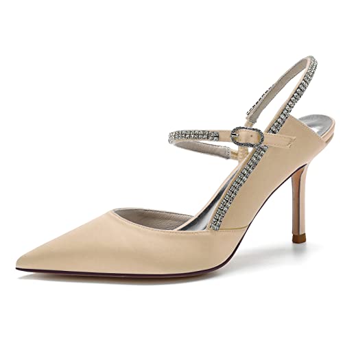 GYYZAYH Damen Satin Knöchelriemen Hofschuhe Geschlossene Spitze Brautschuhe Sexy Stiletto Pumps,Champagne,40 EU von GYYZAYH