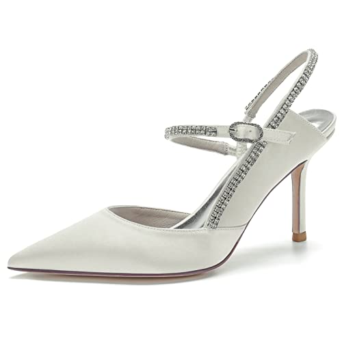 GYYZAYH Damen Satin Knöchelriemen Hofschuhe Geschlossene Spitze Brautschuhe Sexy Stiletto Pumps,Elfenbein,42 EU von GYYZAYH