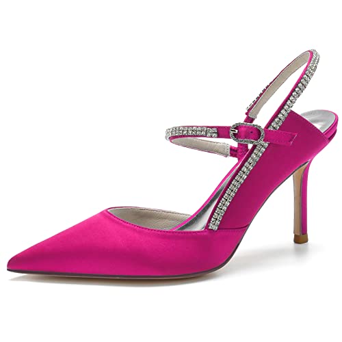 GYYZAYH Damen Satin Knöchelriemen Hofschuhe Geschlossene Spitze Brautschuhe Sexy Stiletto Pumps,Fuchsia,36 EU von GYYZAYH