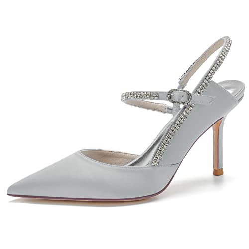 GYYZAYH Damen Satin Knöchelriemen Hofschuhe Geschlossene Spitze Brautschuhe Sexy Stiletto Pumps,Silber,35 EU von GYYZAYH