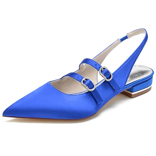 GYYZAYH Damen Satin Slip-On Braut Flache Schuhe Slingback Hochzeitsschuhe Spitze Zehe Party Abend Abschlussball Kleid Schuhe,Blau,38 EU von GYYZAYH