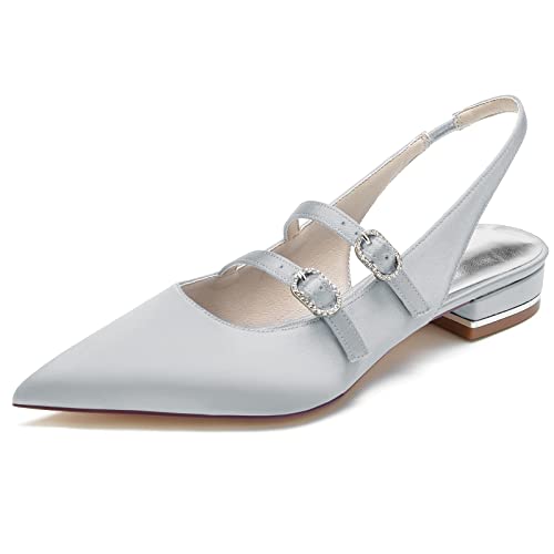 GYYZAYH Damen Satin Slip-On Braut Flache Schuhe Slingback Hochzeitsschuhe Spitze Zehe Party Abend Abschlussball Kleid Schuhe,Silber,36 EU von GYYZAYH