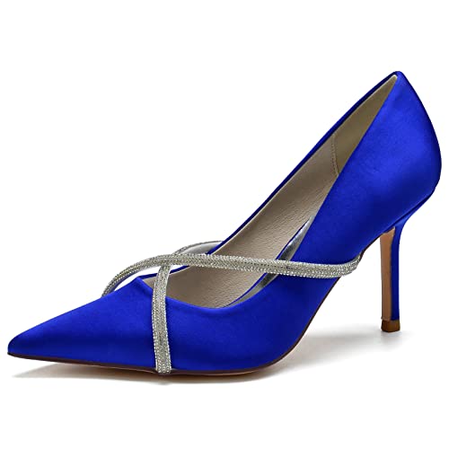 GYYZAYH Damen Satin Stiletto High Heel Slip-On Court Schuhe Party Prom Hochzeit Brautschuhe,Blau,39 EU von GYYZAYH