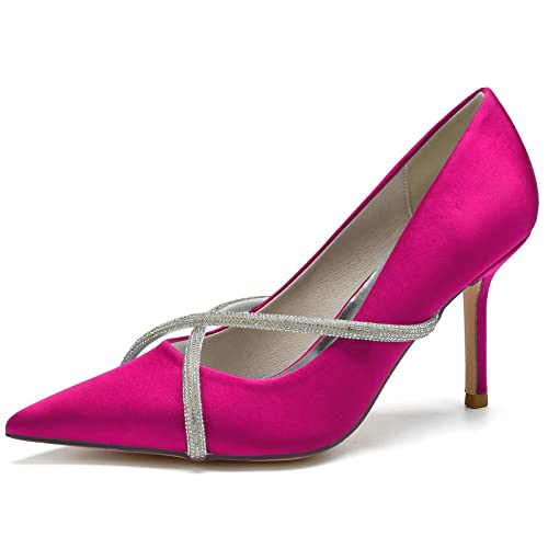 GYYZAYH Damen Satin Stiletto High Heel Slip-On Court Schuhe Party Prom Hochzeit Brautschuhe,Fuchsia,41 EU von GYYZAYH