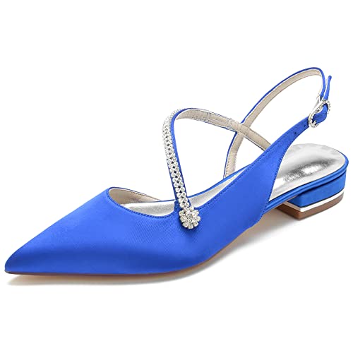 GYYZAYH Damen Slingback Ballerinas Schuhe Spitze Zehen Satin Hochzeitsschuhe für Braut Verstellbarer Riemen für Abendpumps,Blau,42 EU von GYYZAYH