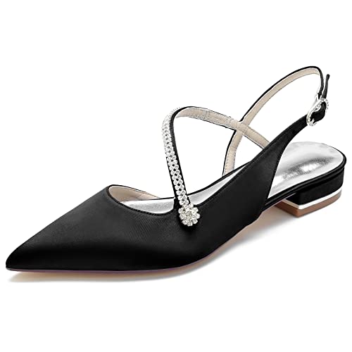 GYYZAYH Damen Slingback Ballerinas Schuhe Spitze Zehen Satin Hochzeitsschuhe für Braut Verstellbarer Riemen für Abendpumps,Schwarz,40 EU von GYYZAYH