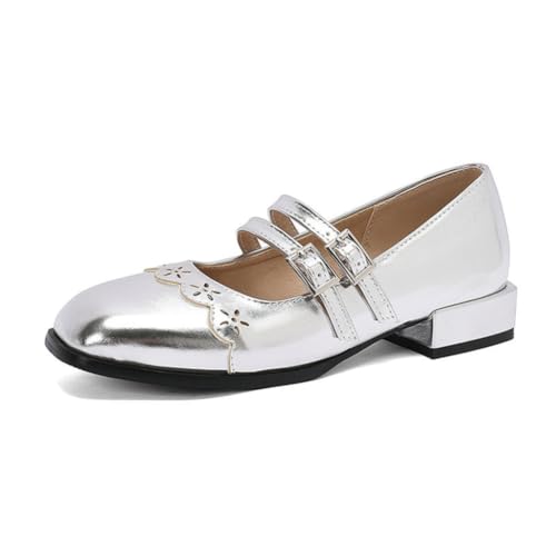 GYYZAYH Damen Slip On Mary Jane Ballettschuhe Bequeme Square Toe Flats Asual Wanderschuhe mit Schnalle,Silber,41 EU von GYYZAYH