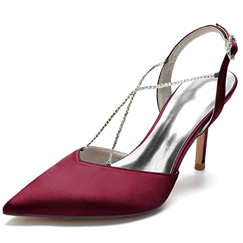 GYYZAYH Damen Slip-on Hochzeit Braut High Heels Spitz Closed Toe Court Schuhe Slingback Satin Party Abend Prom Schuhe,Burgundy,40 EU von GYYZAYH