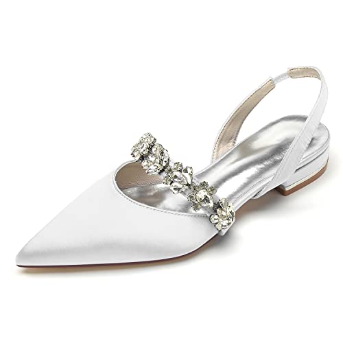 GYYZAYH Damen Slip-on Satin Braut Flache Schuhe Slingback Pointed Toe Hochzeit Kleid Schuhe für Parteien,Weiß,38 EU von GYYZAYH