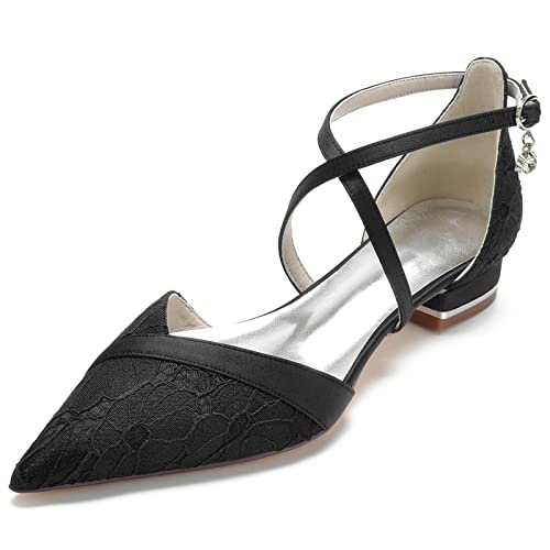 GYYZAYH Damen Spitze Kreuz Riemen Ballerinas D'Orsay Spitze Zehe Weiß Braut Flache Schuhe Formale Hochzeit Ballsandalen,Schwarz,38 EU von GYYZAYH