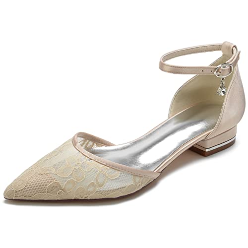 GYYZAYH Damen Spitze Mesh Ballerinas Spitze Weiße Hochzeit Braut Flache Schuhe Formale Abend Ballsandalen,Champagne,38 EU von GYYZAYH