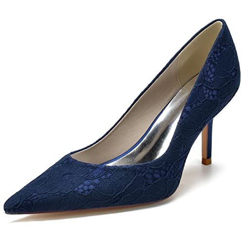 GYYZAYH Damen Spitze Zehen Satin Schnürschuhe für Braut Slip-on Stiletto High Heel Abend Abschlussball Party Kleid Schuhe,Marine,36 EU von GYYZAYH