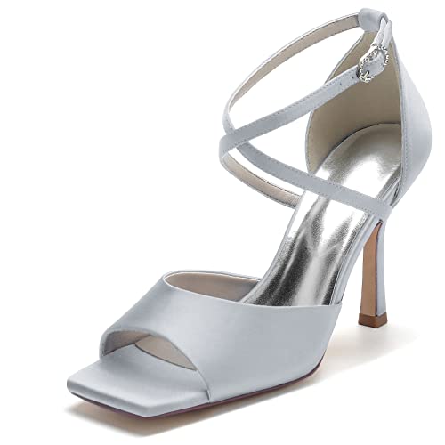 GYYZAYH Damen Square Toe Cross-Strap Sandalen Stiletto High Heel Satin Brautschuhe Hochzeitsfeier Abschlussball Kleid Schuhe,Silber,36 EU von GYYZAYH