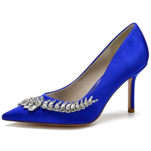 GYYZAYH Damen Strass Spitze Zehen Slip-On Brautschuhe geschlossene Spitze Spitze Stiletto Absatz Brautkleid Schuhe,Blau,40 EU von GYYZAYH