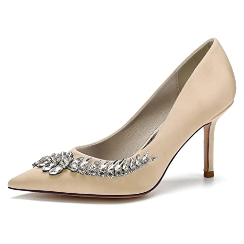 GYYZAYH Damen Strass Spitze Zehen Slip-On Brautschuhe geschlossene Spitze Spitze Stiletto Absatz Brautkleid Schuhe,Champagne,39 EU von GYYZAYH