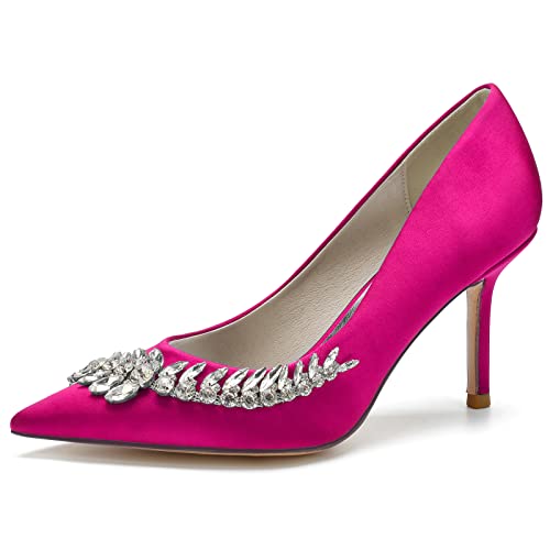 GYYZAYH Damen Strass Spitze Zehen Slip-On Brautschuhe geschlossene Spitze Spitze Stiletto Absatz Brautkleid Schuhe,Fuchsia,37 EU von GYYZAYH