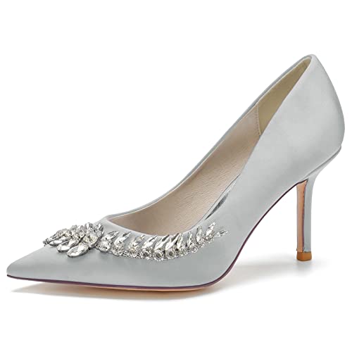 GYYZAYH Damen Strass Spitze Zehen Slip-On Brautschuhe geschlossene Spitze Spitze Stiletto Absatz Brautkleid Schuhe,Silber,36 EU von GYYZAYH