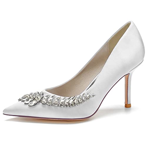 GYYZAYH Damen Strass Spitze Zehen Slip-On Brautschuhe geschlossene Spitze Spitze Stiletto Absatz Brautkleid Schuhe,Weiß,37 EU von GYYZAYH