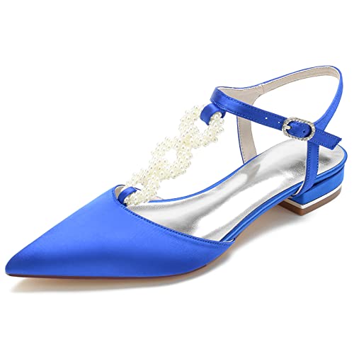 GYYZAYH Damen T Knöchelriemen Ballerinas Schuhe Satin Slingback Brautschuhe Perle Formelle Abschlussball Party Brautkleid Sandalen,Blau,37 EU von GYYZAYH