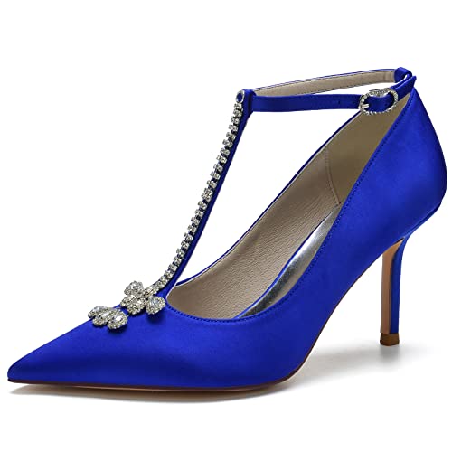 GYYZAYH Damen T Strap High Heels Knöchelriemen Spitze Brautschuhe Satin Stiletto High Heel Court Schuhe,Blau,41 EU von GYYZAYH