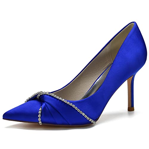 GYYZAYH Damen geschlossene Hochzeitsschuhe mit spitzer Zehenpartie Stilettos zum Hineinschlüpfen auf Brautparty Satin Pumps mit Schleifenknoten,Blau,43 EU von GYYZAYH