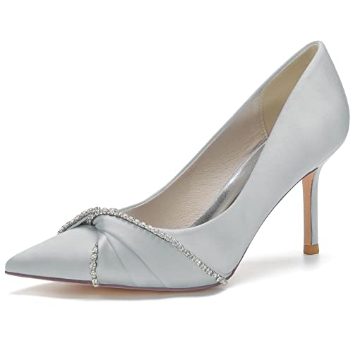 GYYZAYH Damen geschlossene Hochzeitsschuhe mit spitzer Zehenpartie Stilettos zum Hineinschlüpfen auf Brautparty Satin Pumps mit Schleifenknoten,Silber,35 EU von GYYZAYH