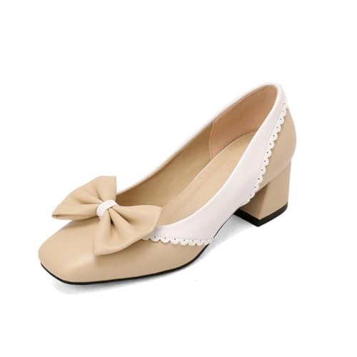 GYYZAYH Frauen Block Heel Mary Jane Schuhe Slip - On Bow Accent Party Schuhe Abendball Square Toe Court Schuhe,Apricot,48 EU von GYYZAYH