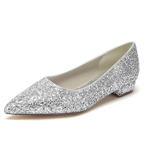 GYYZAYH Frauen Glitzer Glitter Flache Braut Schuhe Pointed Toe Ballerinas Kleid Schuhe Komfort Slip-On Hochzeitsparty Schuhe,Silber,43 EU von GYYZAYH