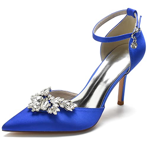 GYYZAYH Frauen Knöchelriemen Brautschuhe Strass High Heel Court Schuhe Satin Spitz Toe Brautkleid Pumps,Blau,36 EU von GYYZAYH