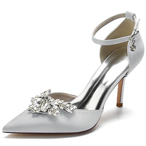 GYYZAYH Frauen Knöchelriemen Brautschuhe Strass High Heel Court Schuhe Satin Spitz Toe Brautkleid Pumps,Silber,35 EU von GYYZAYH