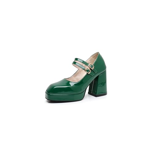 GYYZAYH Frauen Lackleder Pumps Quadratisch - Toe Block Heel Brautschuhe Chunky Block Heels Plateau Kleid Pumps,Grün,45 EU von GYYZAYH