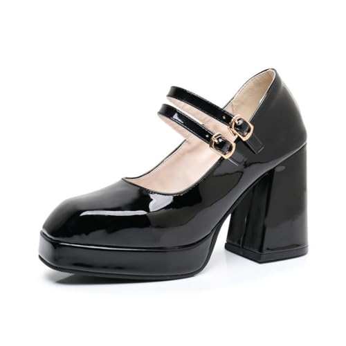 GYYZAYH Frauen Lackleder Pumps Quadratisch - Toe Block Heel Brautschuhe Chunky Block Heels Plateau Kleid Pumps,Schwarz,39 EU von GYYZAYH