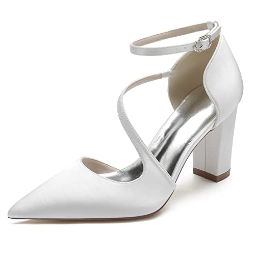 GYYZAYH Frauen Satin Geschlossene Zehe Hochzeit Schuhe Block Heel Brautschuhe Knöchelriemen Prom Party Kleid Schuhe,Weiß,39 EU von GYYZAYH