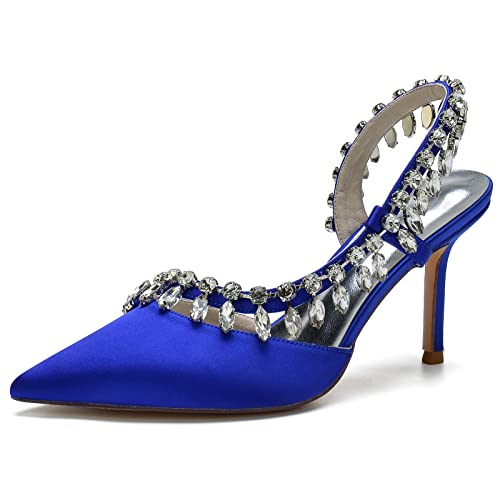 GYYZAYH Frauen Satin High Heel Braut Hochzeit Schuhe Strass Slingback Court Schuhe Abend Prom Kleid Pumps,Blau,39 EU von GYYZAYH