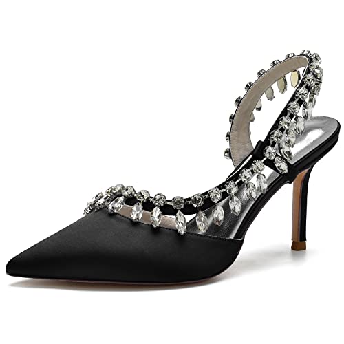 GYYZAYH Frauen Satin High Heel Braut Hochzeit Schuhe Strass Slingback Court Schuhe Abend Prom Kleid Pumps,Schwarz,43 EU von GYYZAYH