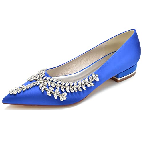 GYYZAYH Frauen Slip-on Satin Brautschuhe Strass Ballerinas Schuhe Nah Zehen Hochzeit Party Kleid Pumps,Blau,42 EU von GYYZAYH