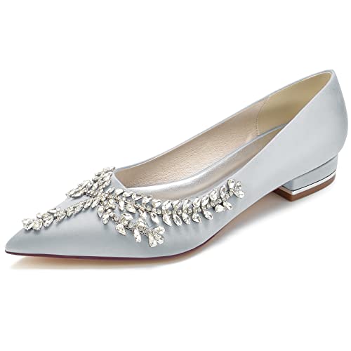 GYYZAYH Frauen Slip-on Satin Brautschuhe Strass Ballerinas Schuhe Nah Zehen Hochzeit Party Kleid Pumps,Silber,36 EU von GYYZAYH