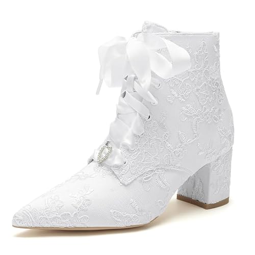 GYYZAYH Frauen Spitze Toe Lace Hochzeit Stiefel Mid Block Heel Braut Schuhe Side Zip Chunky Heel Ankle Boots mit Band Krawatte,Weiß,36 EU GYYZAYH Frauen Spitze Toe Lace Hochzeit Stiefel Mid Block Heel Braut Schuhe Side Zip Chunky Heel Ankle Boots mit Band Krawatte,Weiß,36 EU von GYYZAYH