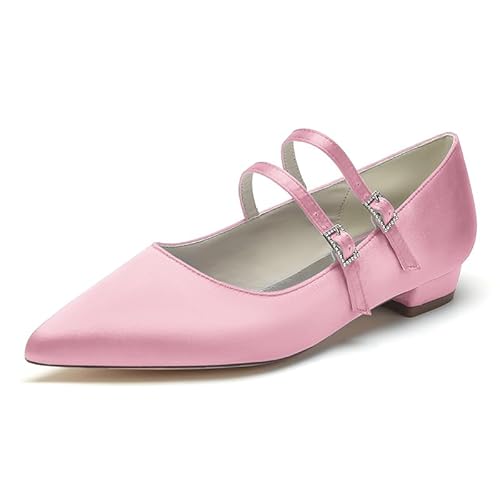 GYYZAYH Frauen Spitze Zehe Satin Braut Flats Slip-On Low Heel Ballett Abend Party Prom Brautkleid Schuhe,Rosa,40 EU von GYYZAYH