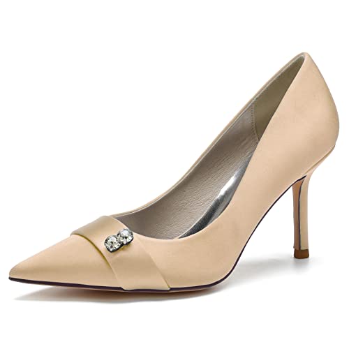 GYYZAYH Geschlossene Zehen High Heels für Damen Kleid mit spitzer Kappe Hochzeitsfeier Pumps Schuhe mit Perlen Slip On Brautschuhe,Champagne,41 EU von GYYZAYH