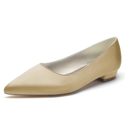 GYYZAYH Satin Hochzeit Flache Schuhe Slip-On Spitze Toe Braut Kleid Schuhe Komfort Abend Party Schuhe,Champagne,39 EU von GYYZAYH