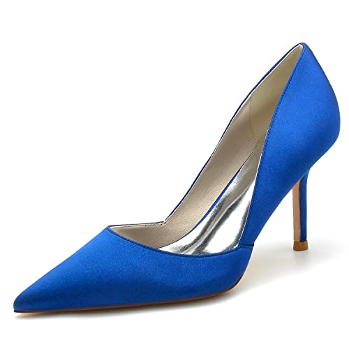 GYYZAYH Slip-On Pumps Klassische Spitze Zehenpartie Stilettos High Heel Elegante Satin Büroschuhe Hochzeit Brautsandalen,Blau,36 EU von GYYZAYH