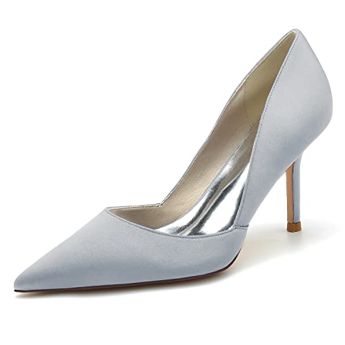 GYYZAYH Slip-On Pumps Klassische Spitze Zehenpartie Stilettos High Heel Elegante Satin Büroschuhe Hochzeit Brautsandalen,Silber,38 EU von GYYZAYH